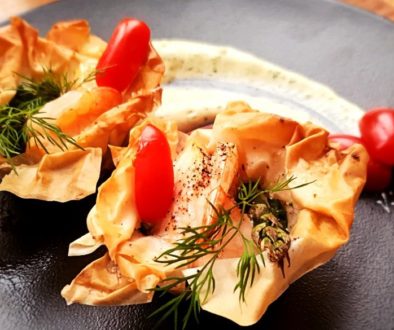 Salmon-shrimp phyllo baskets with minty smashed pea and herb mayonnaise