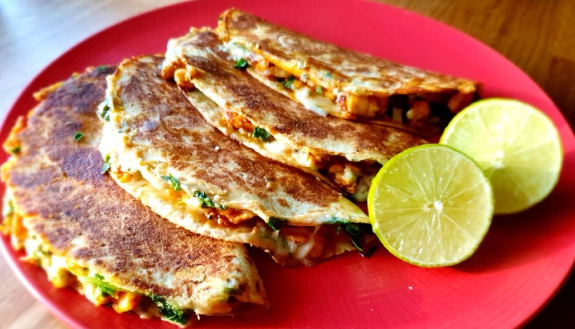 Salmon quesadilla with cheddar and blue cheese
