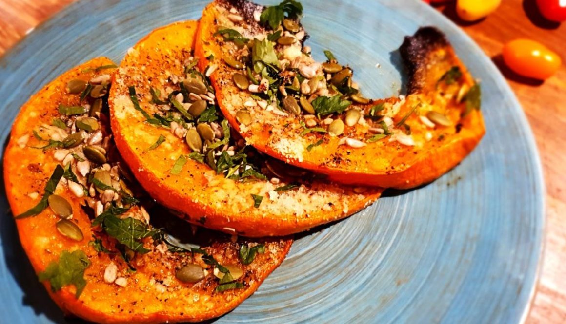 Grilled pumpkin with parmesan and seeds
