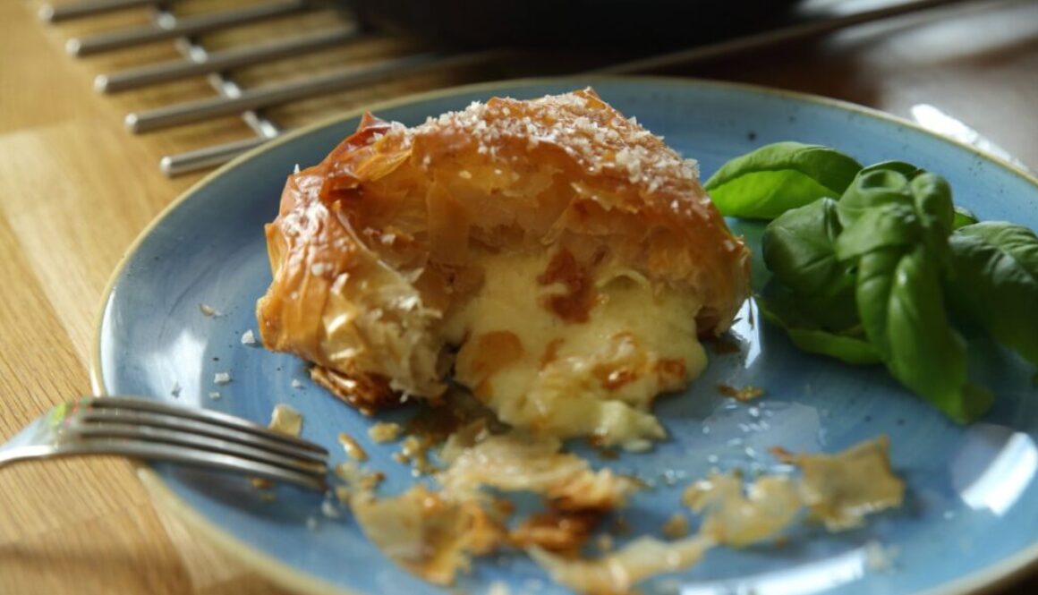 White mold cheese in filo pastry