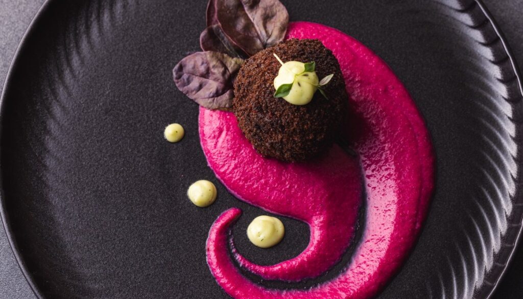 Goat’s cheese and beetroot croquette in a crust of black bread