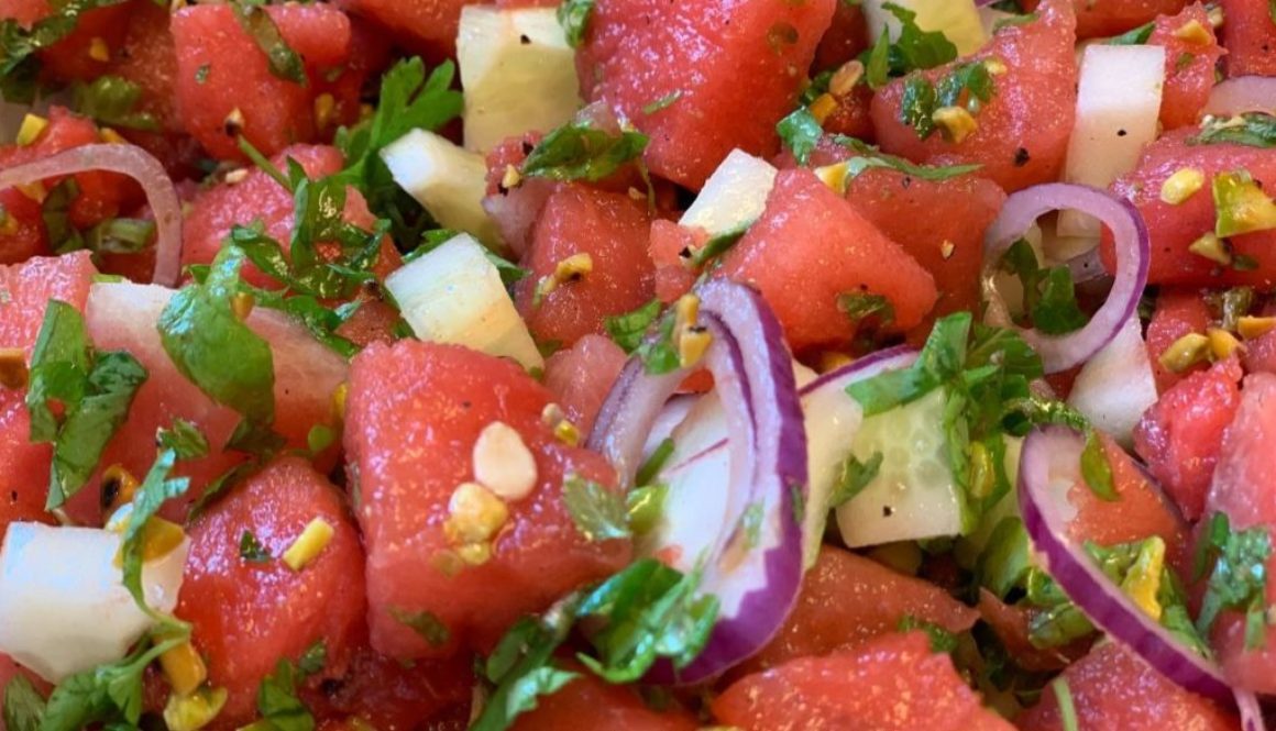 Watermelon, cucumber and pistachio salad