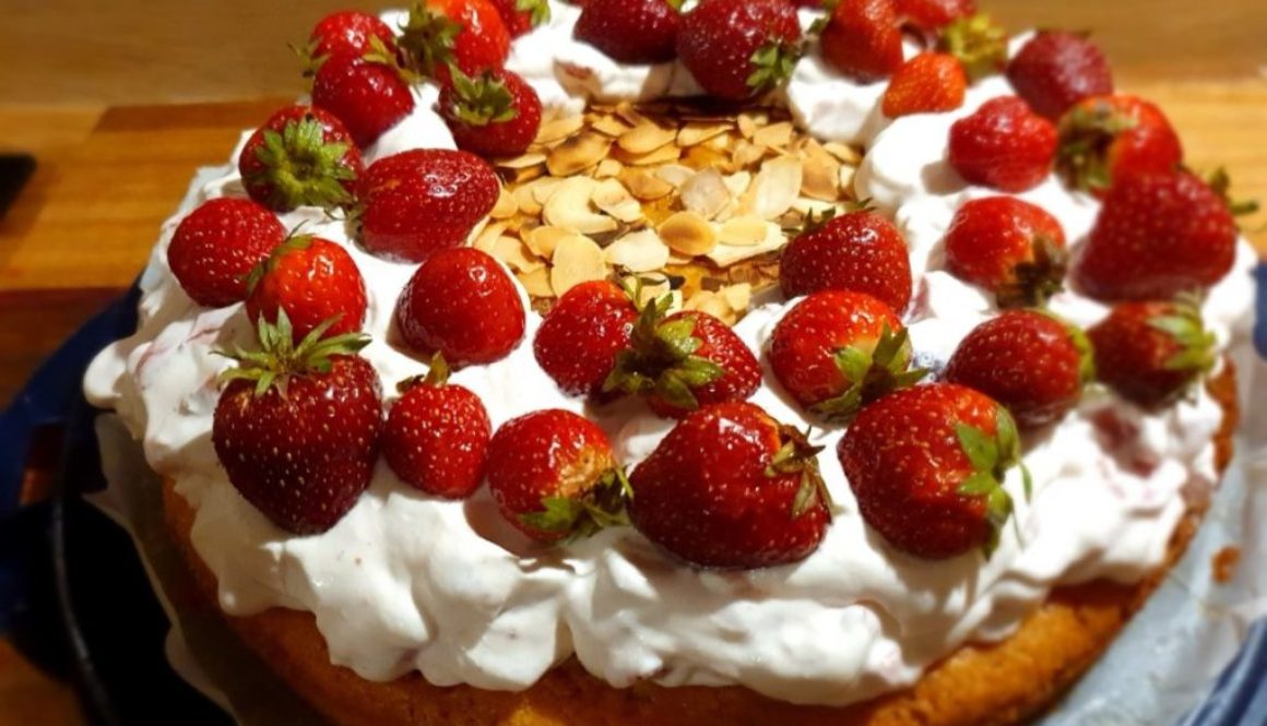 Almond honey cake with strawberry cream