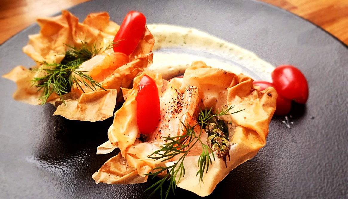 Salmon-shrimp phyllo baskets with minty smashed pea and herb mayonnaise