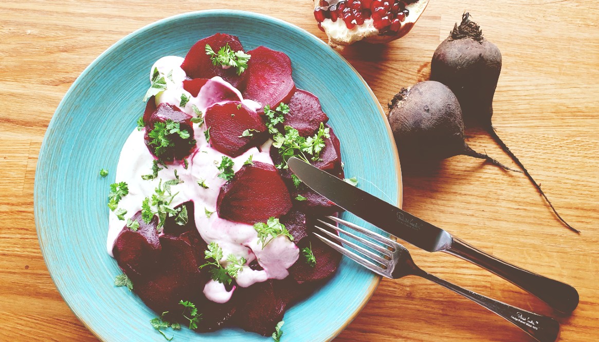 Borani-e-labu, baked beets in yogurt sauce