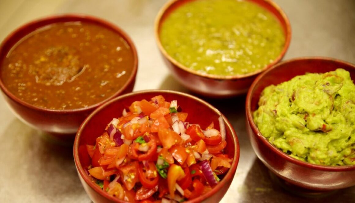 Three Mexican sauces: Salsa verde, Salsa roja, Pico de Gallo