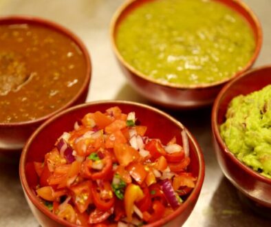 Three Mexican sauces: Salsa verde, Salsa roja, Pico de Gallo