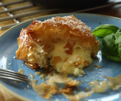 White mold cheese in filo pastry