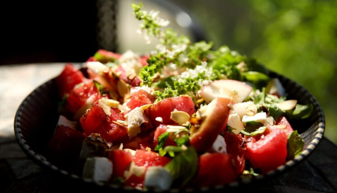 Watermelon salad with peach and feta cheese