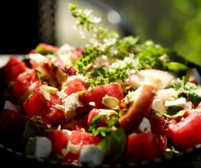 Watermelon salad with peach and feta cheese