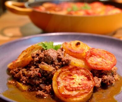 Casserole with Minced Beef, Potatoes, Tomatoes, and Onions