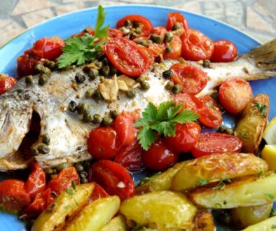 Sea bass with tomatoes and capers